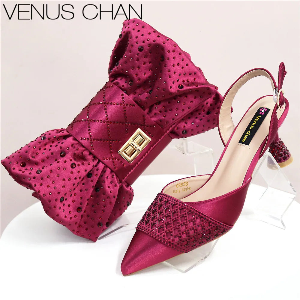 High Quality 2025 Italian Design Embossed Varnish Style Big Diamond Decoration Classic Noble Women Shoes and Bag Set