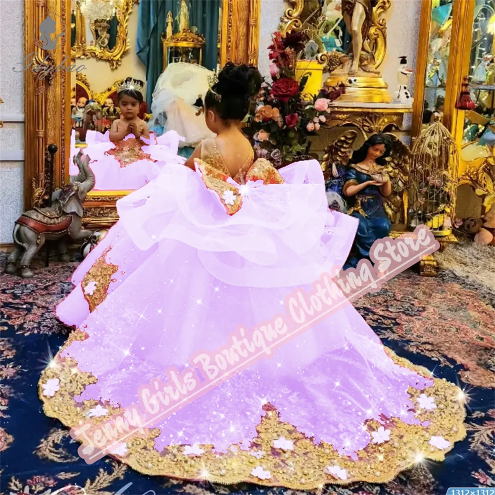 Rose Pink Girl Party Long Dresses Gold Appliqued Wedding 2025 Customized Birthday Pageant Feast Events Dress