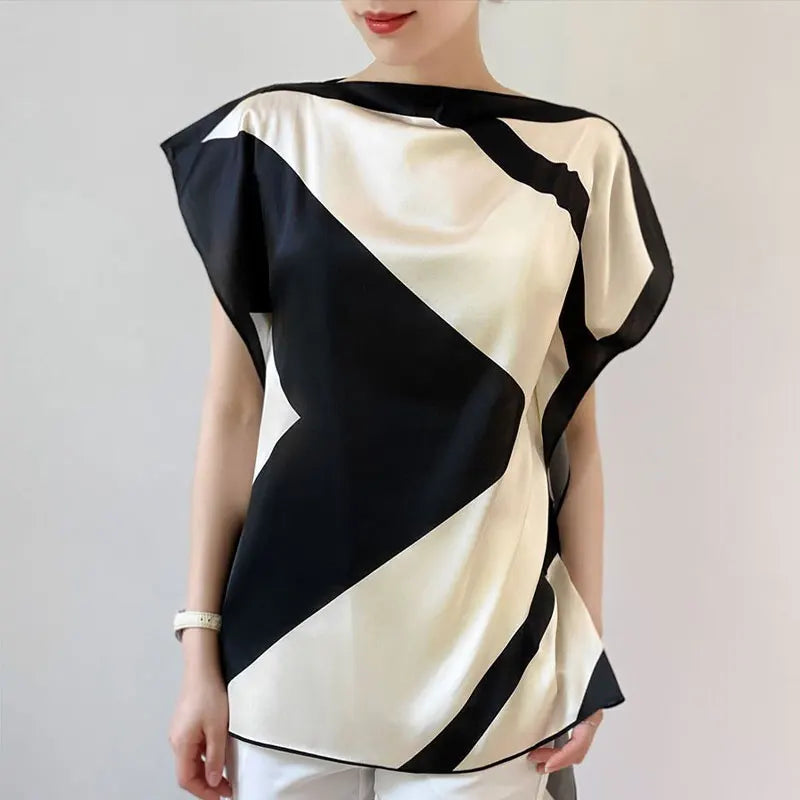 Commute Contrasting Colors Spliced Blouse Female Clothing Elegant Slash Neck Casual Summer Fashion Asymmetrical All-match Shirt