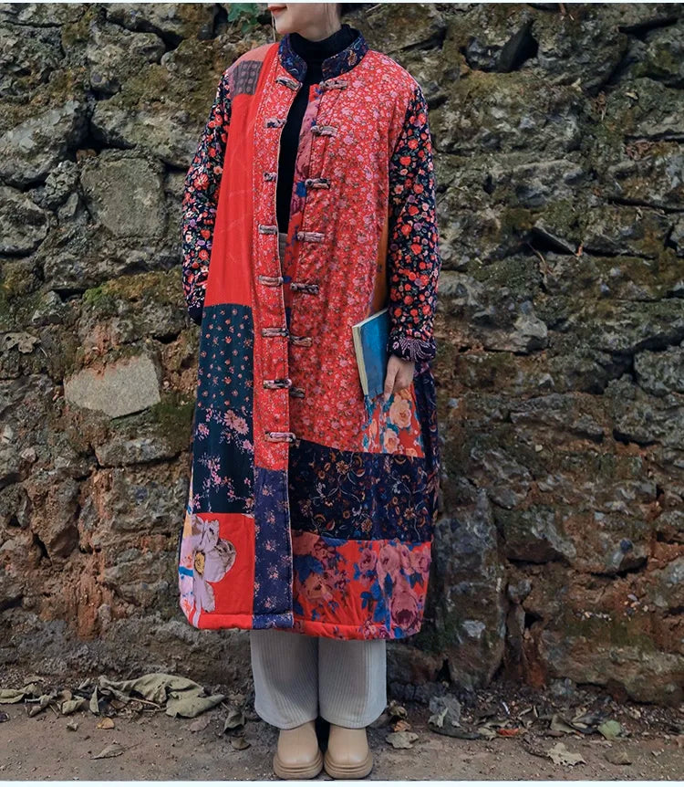 LZJN Women's Winter Single-breasted Cotton Jacket Traditional Chinese Coat Long Patchwork and Cotton Thick Jacket