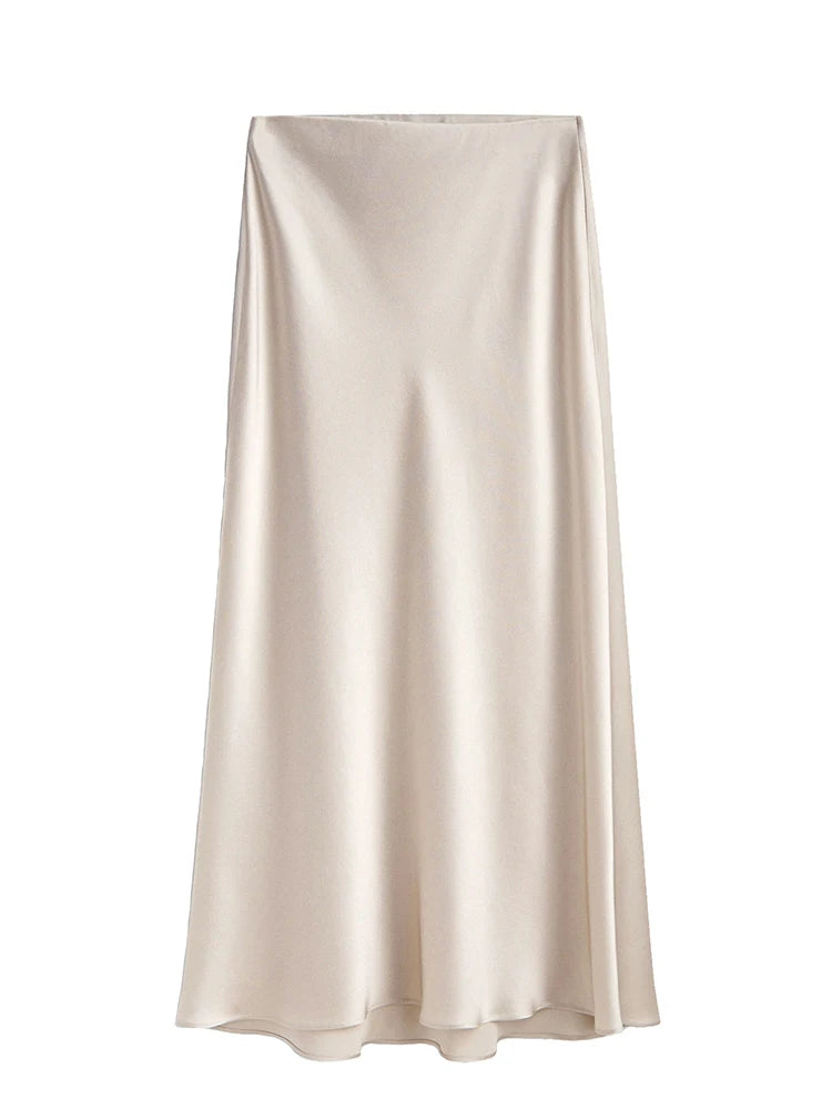 MiuKoMiYa Black Women Long Skirts High Waist Slit Satin Maxi Skirt 2025 Summer Elastic Waist Beige Skirt For Women Long Silk