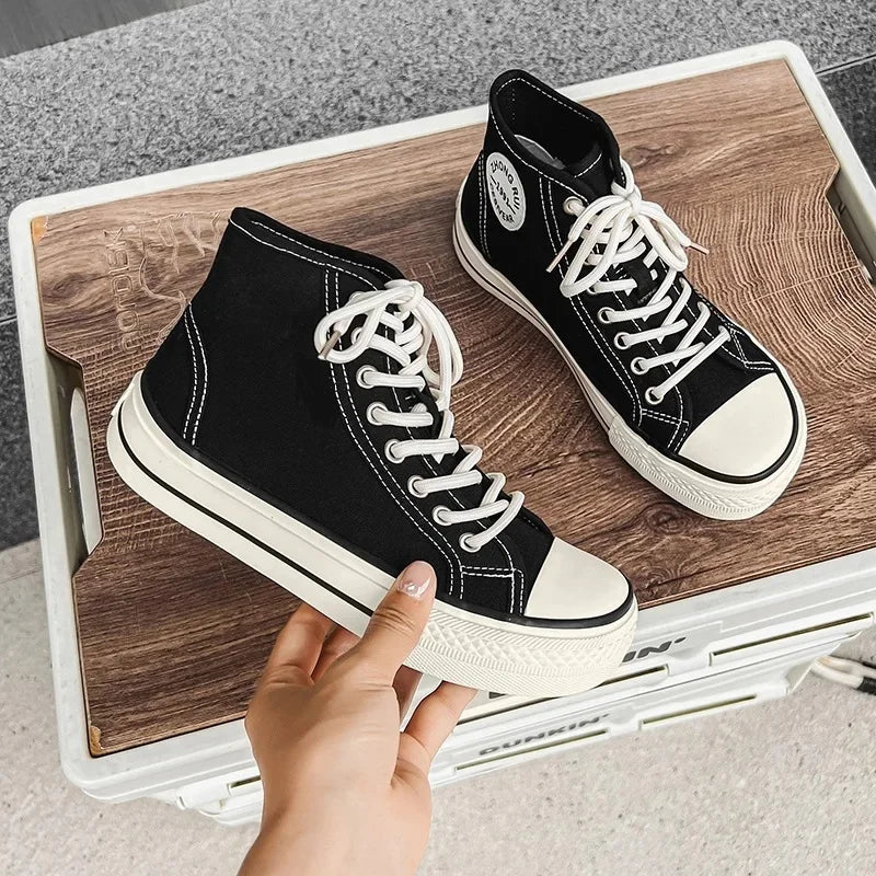 High-Top Round-Toe Low-Profile Canvas Shoes Women's Spring Summer New Style Breathable Thin-Material Flat Heel Board Shoes