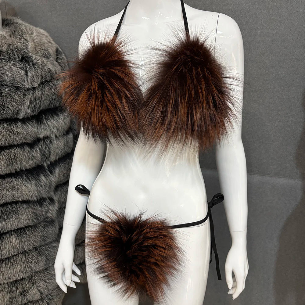 YOLOAgain Women Solid Natural Fox Fur Sexy Bikini Set Bra Detachable