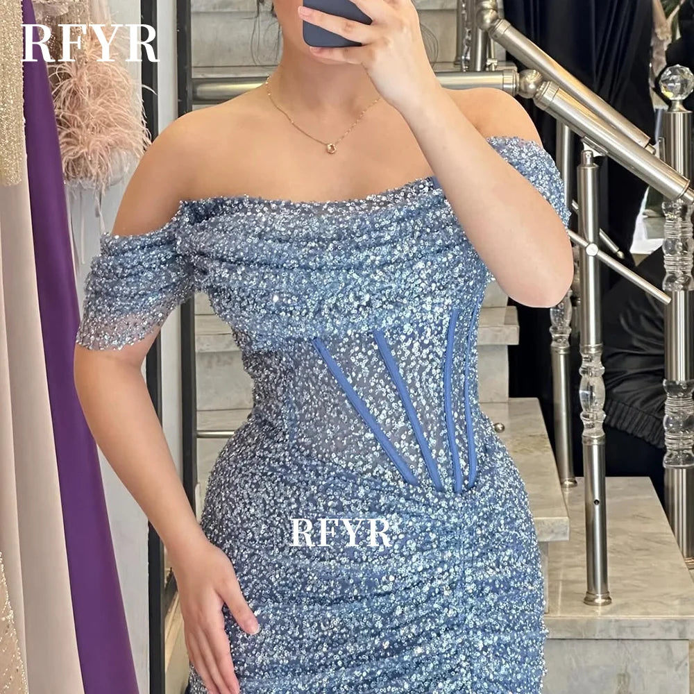 RFYR Shiny Evening Dresses Glitter Prom Dress Off Shoulder Party Dress Sexy فساتين مناسبة رسمية for Arabic Wome