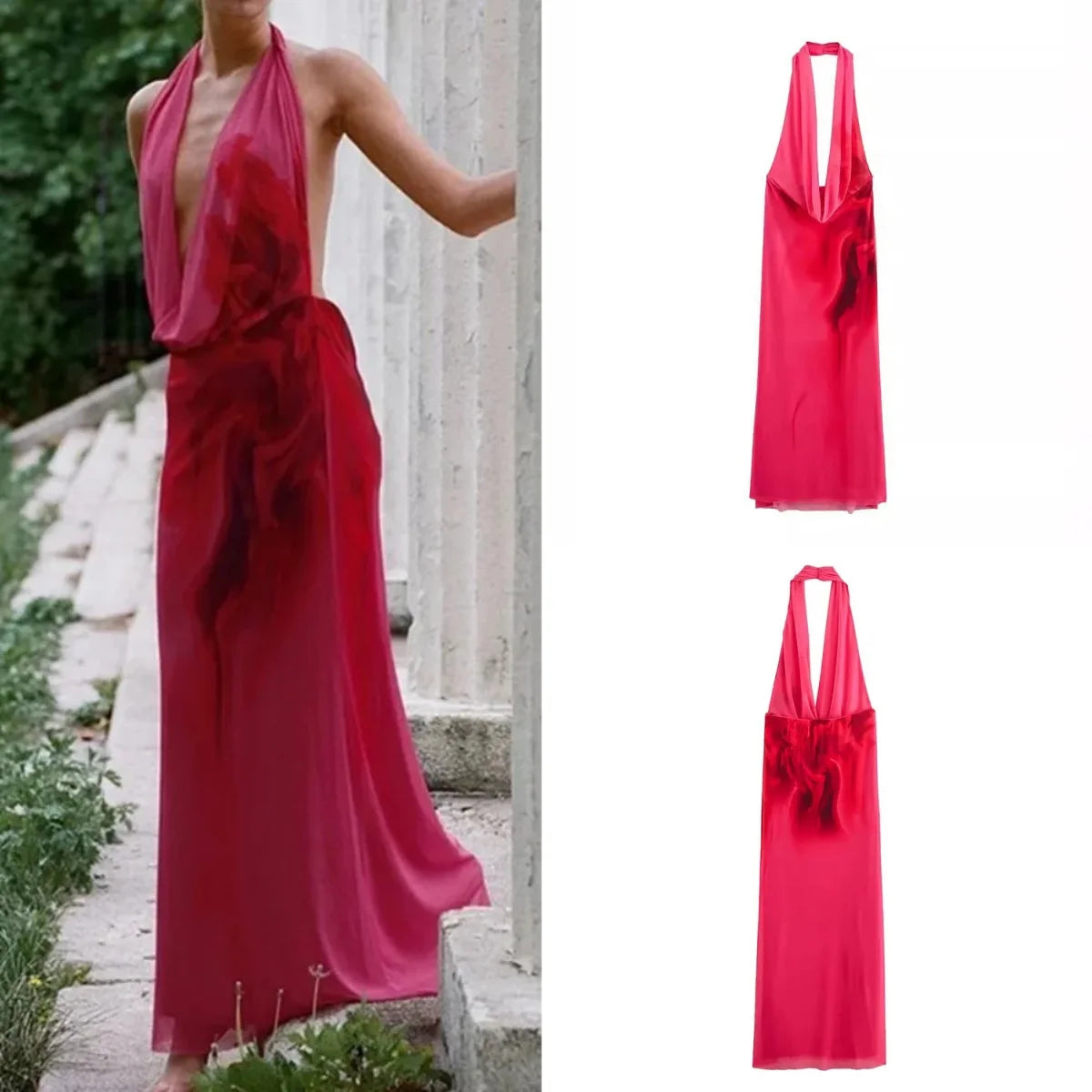 Halter Print Elegant Evening Dresses for Women Backless Bodycon Temperament Sleeveless Slim Drape Dye Dresses Party 2024 Summer