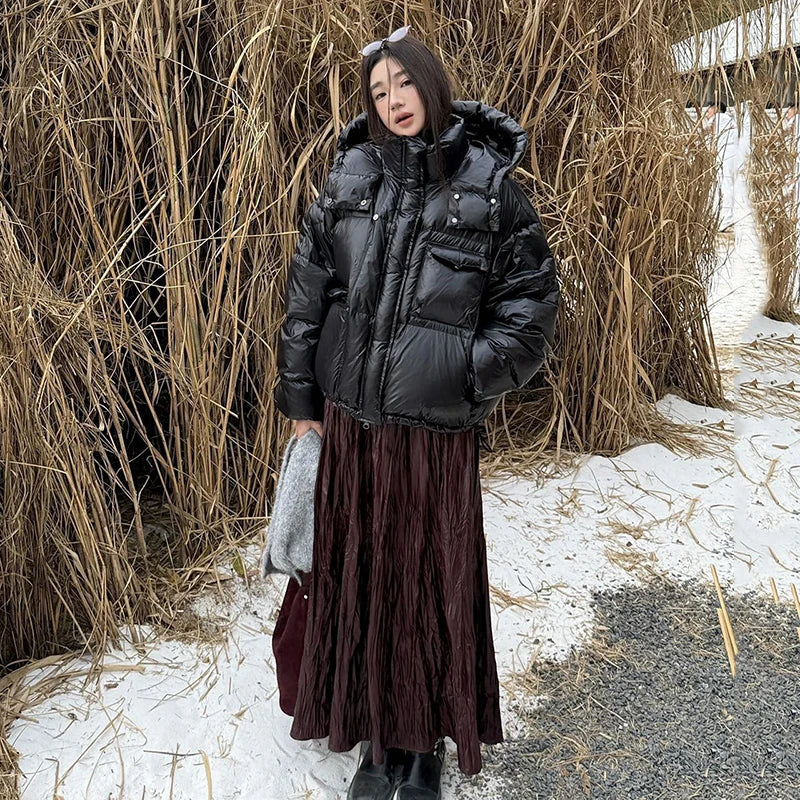 Winter White Duck Down Hooded Parker Outwear Coat Women Big Pocket Solid Loose Down Jacket New Female Warm Zipper Quilted Jacket