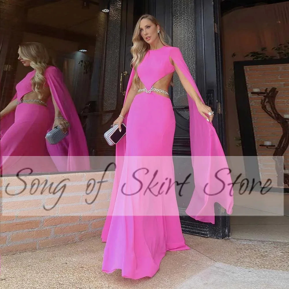 Customized Romantic Chiffon Evening Gown Crew-Neck Solid Color Hollow Sash Backless Pleated Women‘s Floor Length Party Dress