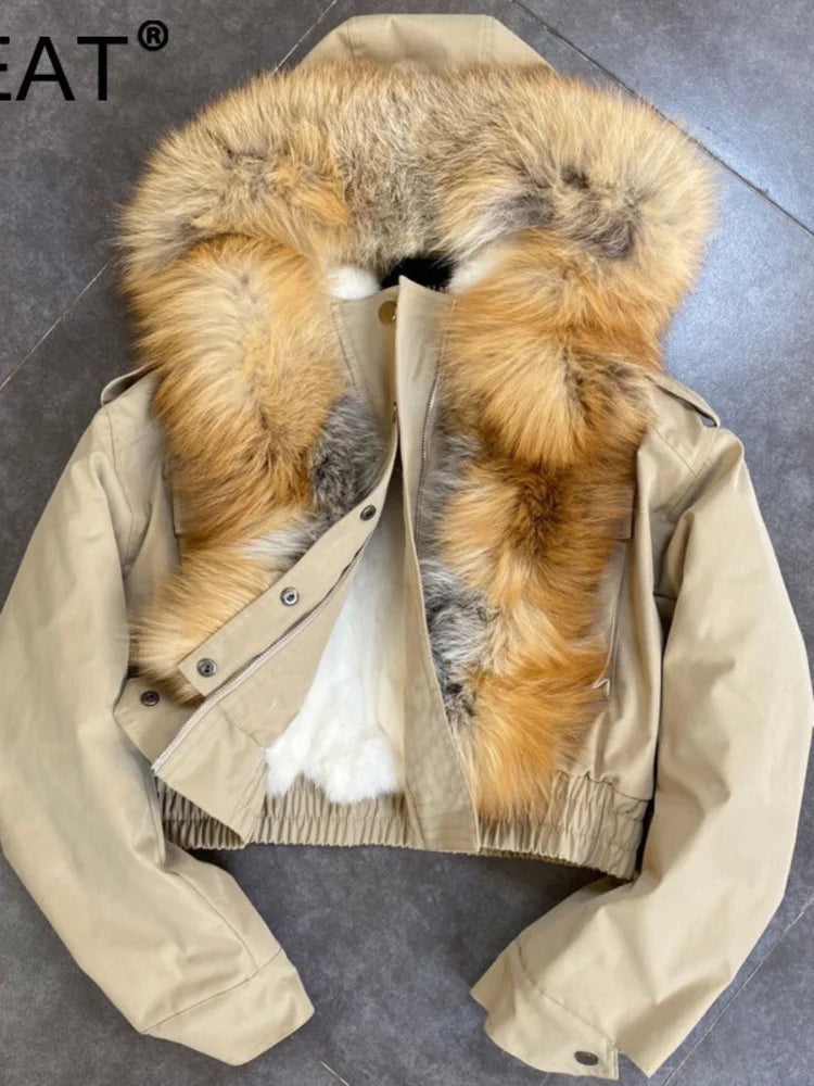 DEAT 2023 Balck Winter Women New Fur Collar Liner Real Rabbit Hair Multi Pocket Short Jacket Cotton Hooded Casual Coat RC235