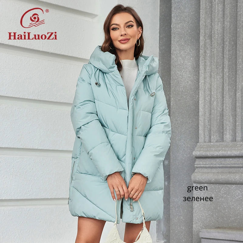 HaiLuoZi 2023 New Women Winter Jackets Warm Hooded Thick Bio-Cotton Female Parkas Solid Color Big Pockets Women‘s Coats 1139