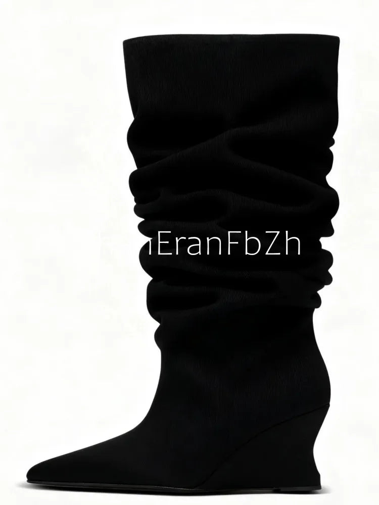 European and American Autumn and Winter Pleated Thick High Heels Knee High Women's Boots Pointed Fashion Party Women's Boots