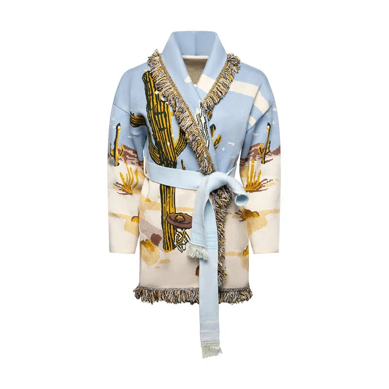 Fashion Lace Up Floral Tassel Patchwork Sweater For Women Elegant Long Sleeve Belt Knitted Cardigan Jacket Lady Chic Street Tops