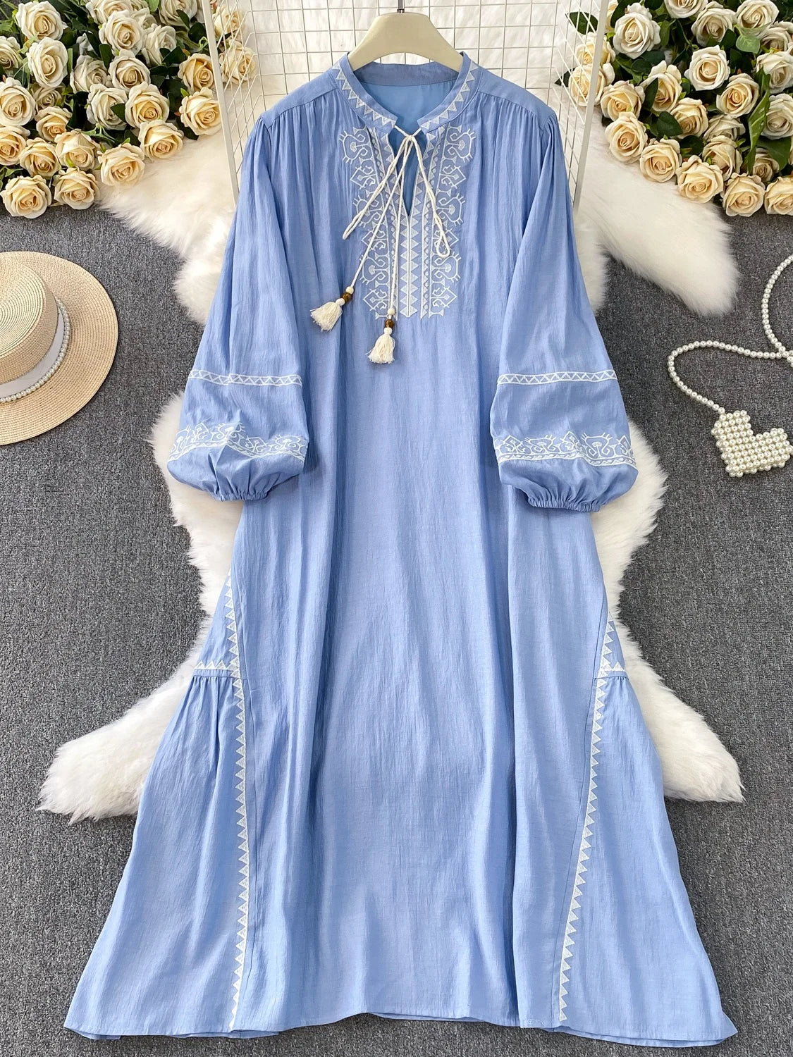 Blue Heavy Embroidery Gentle Wind Long Dr Women's Loose Lantern Sve Stand Collar Spring Autumn Faion plus Size Dr
