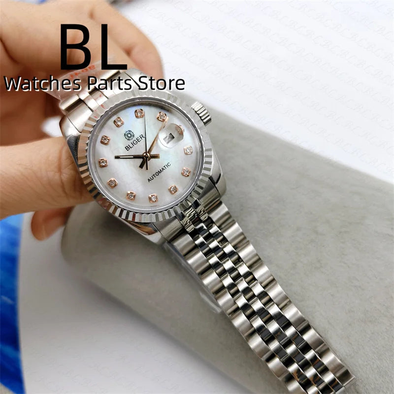 BLIGER 31mm NH05 Automatic Watch For Women Pink Gold Gray Purple Sunburst White Mother Pearl Dial Diamond Index Steel Bracelet