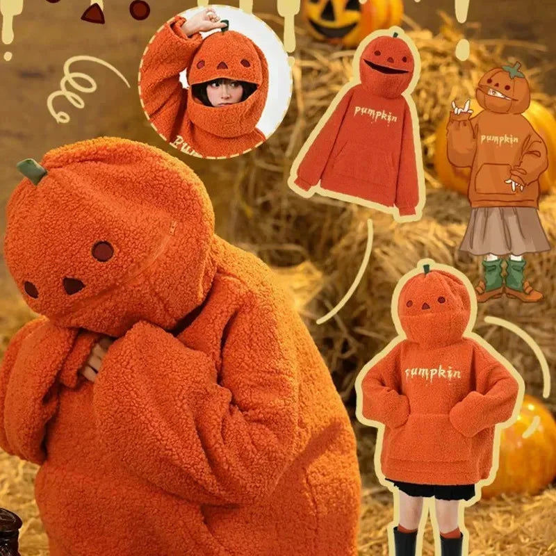 Halloween Lamb Pumpkin Sweatshirt Winter Clothes Pumpkin Jacket Autumn Cute Head Plush Decorated Hoodie Loose Warm Pullover Top