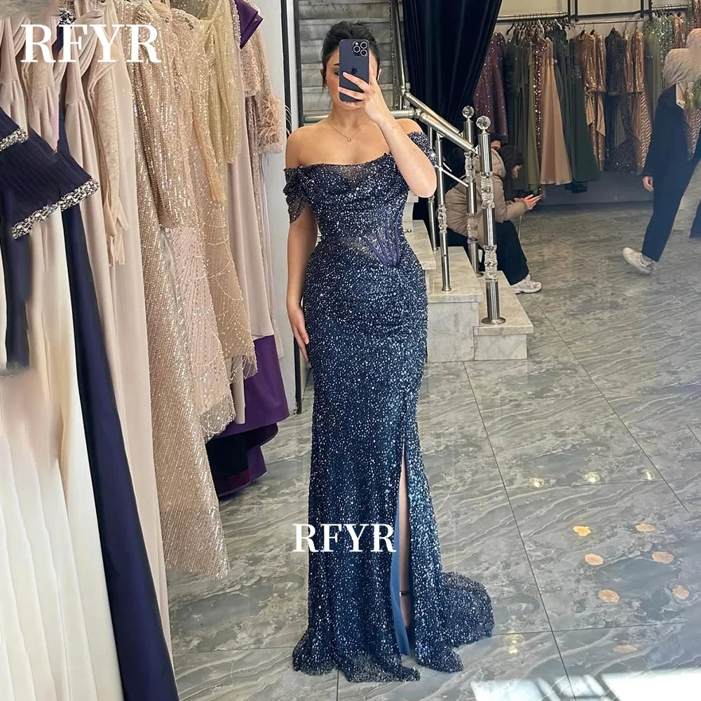 RFYR Shiny Evening Dresses Glitter Prom Dress Off Shoulder Party Dress Sexy فساتين مناسبة رسمية for Arabic Wome