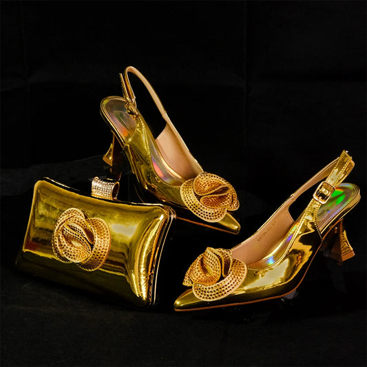 2024 Fashionable Designed Gold Elegant Shoe Bag Bright Banquet African Women's tie Pointed Toe High Heels Shoes Wedding Party