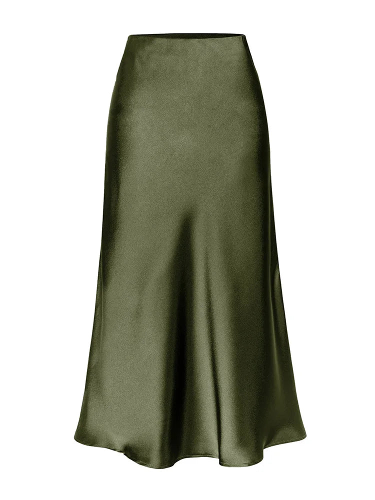 Green Satin Midi Skirts For Women Summer Elastic High Waist A Line Slit Skirt Midi Satin Silk Women Skirt With Slit Summer 2024