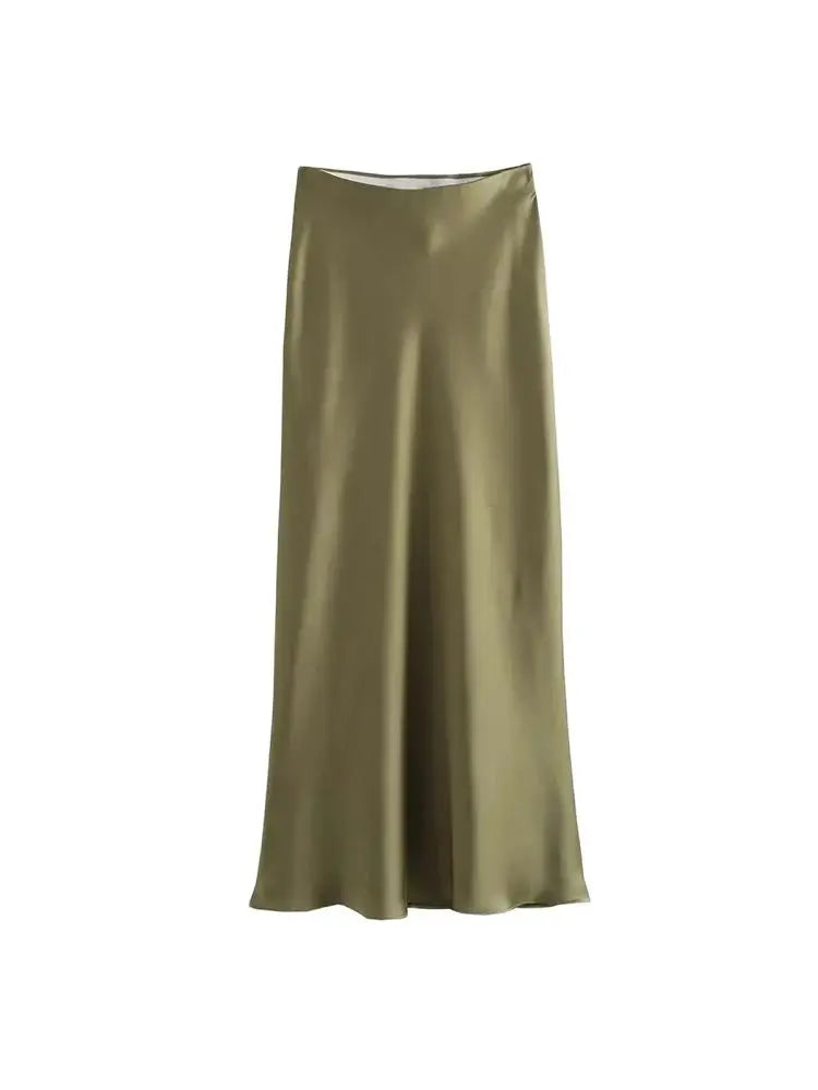 Women's Soft Touch Silk-Like Midi Skirt High Waist Elastic Waistband Chic Fashion Female Skirts Elegant Mujer