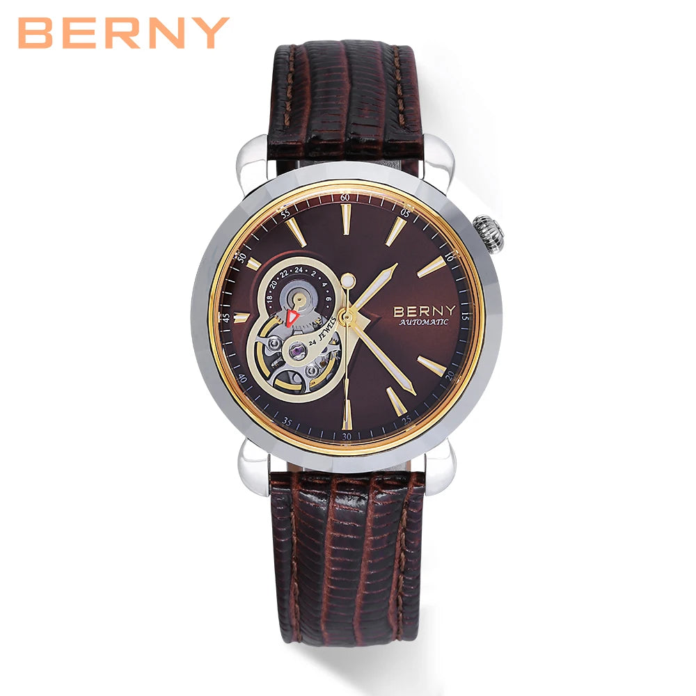 BERNY Women Watch Sapphire Glass Tungsten Steel 24 Diamonds Brown Waterproof Ladies BERNY NH39 Automatic Movement Zegarek Damski