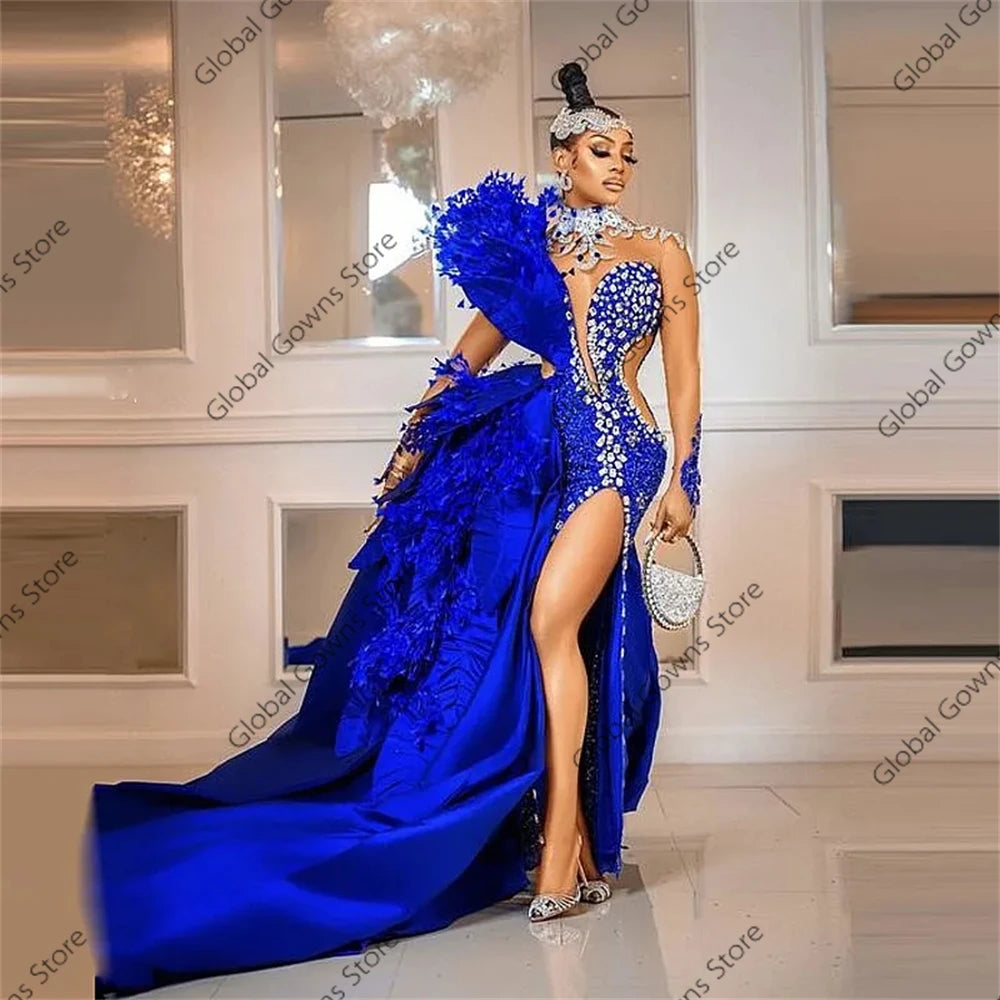 Evening Dresses Rhinestone Crystal Royal Blue Prom Gown Feather abendkleider robe de soirée Party Pageant Dress Split Customized