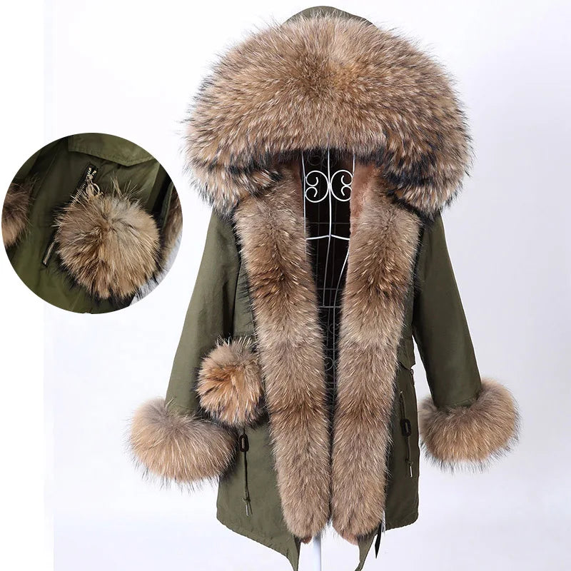 MaoMaoKong Natural Real Fox Fur Jacket Hooded Black Waterproof Woman Winter Warm Coat Parkas Luxury Jacket Female Clothing