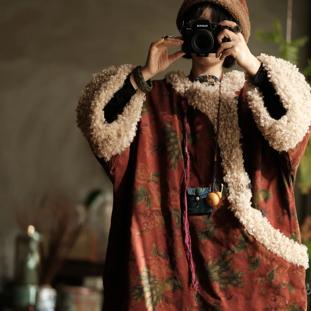 Johnature Women Corduroy Print Floral Parkas Red Winter Coats 2025 Warm Patchwork Wool Plus Cotton Women Loose Pullover Parkas