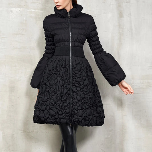 LANMREM Fashion Pleated Design Down Coat For Women Stand Collar Long Sleeves Slim A-line Black Clothing 2025 Winter New 2VV229