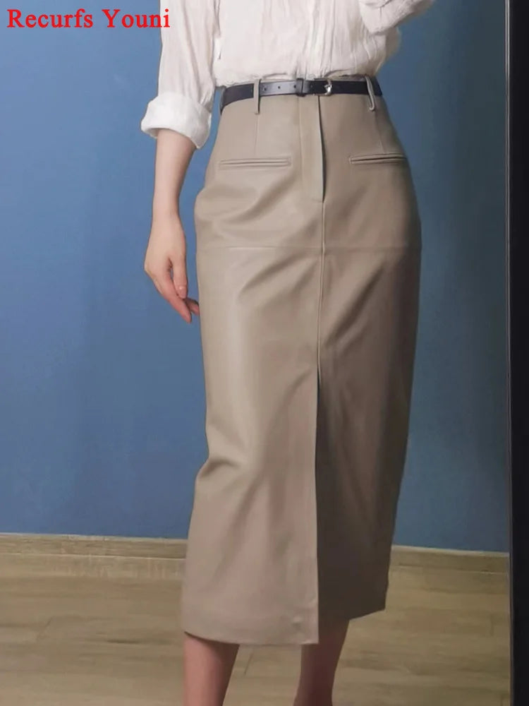 Women Long Leather Skirt 2025 Winter Euro-American Calf Length 100% Sheepskin Slim Pencil Skirt With Belt Femme Front Split Saia
