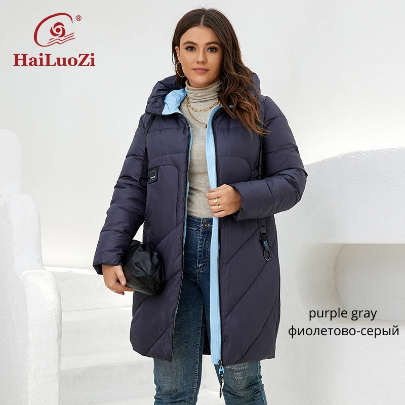 HaiLuoZi 2022 Winter Women's Jackets Thick Cotton Big Pockets Hood Zipper Quilted Parka Oversize Female Casual Women Coat 6896