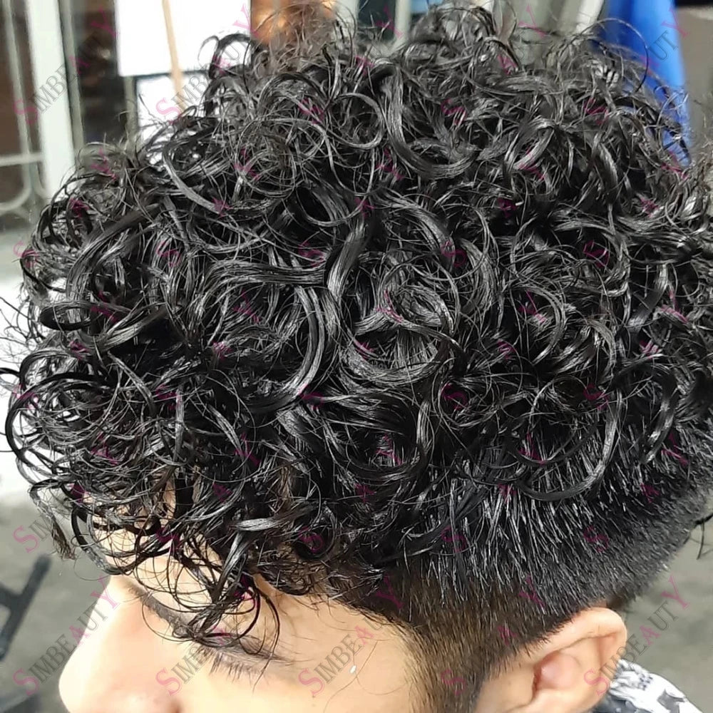 2025 New Toupee Breathable Lace With Thin Skin PU Base Brown Human Hair Replacement System Male Hair Pieces 20mm Curly Men's Wig