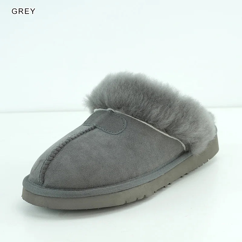INOE Women Real Sheepskin Suede Leather Natural Wool Sheep Fur Lined Winter Slippers Cazy Loafer Home Shoes Baboon in House Flat