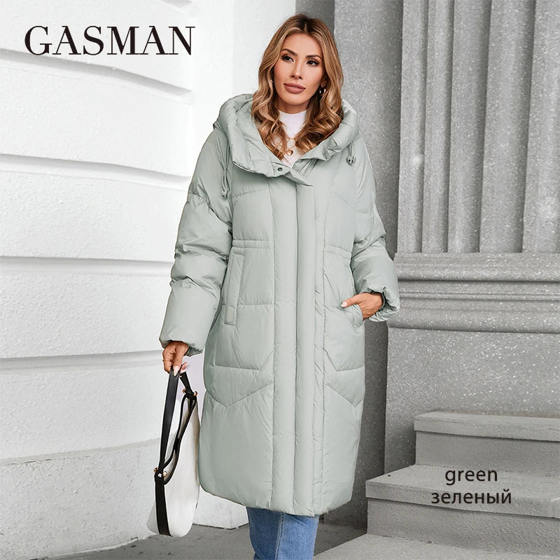 GASMAN 2024 Winter Down Jacket Women Long Classic zipper Design Pocket Stand Collar Hooded Slim Coat Women Parkas 88590