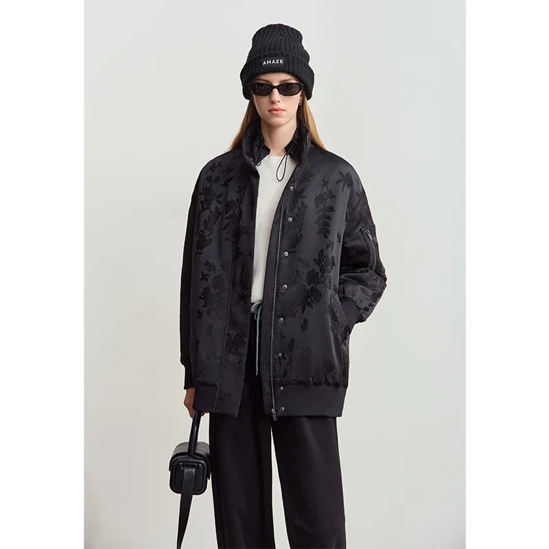 Amii Double Neck Down Sleeve Jacquard Solid Baseball Jacket Thickened Parkas 2025 Winter Women's Casual Loose Coats 12444198