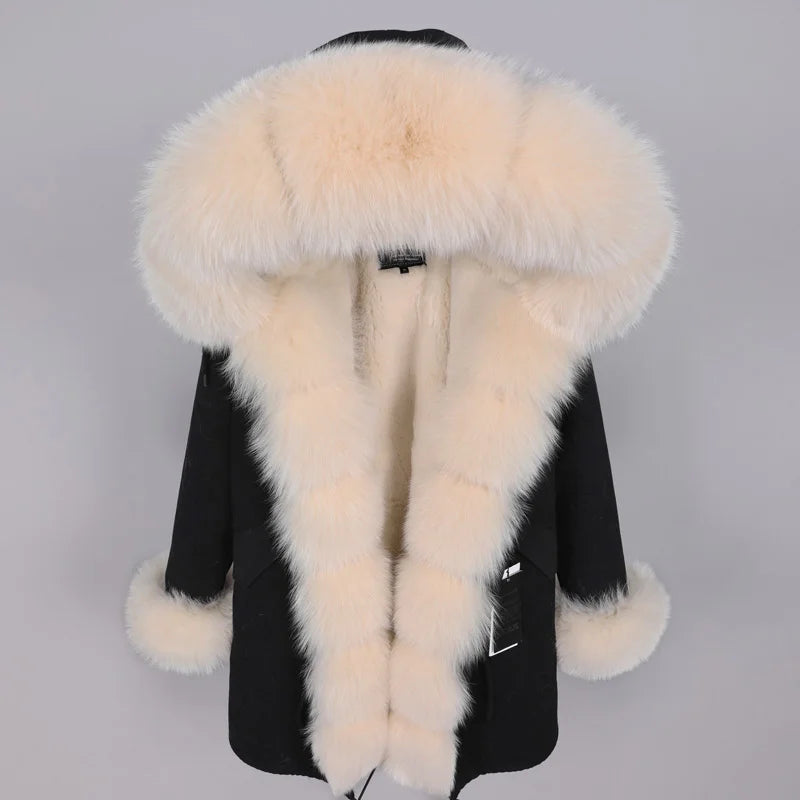 Maomaokong Winter Women Luxur Beige Fur Coat Natural Real Fox Fur Waterproof Jacket Hooded Thick Warm Fashion Long Black Parkas