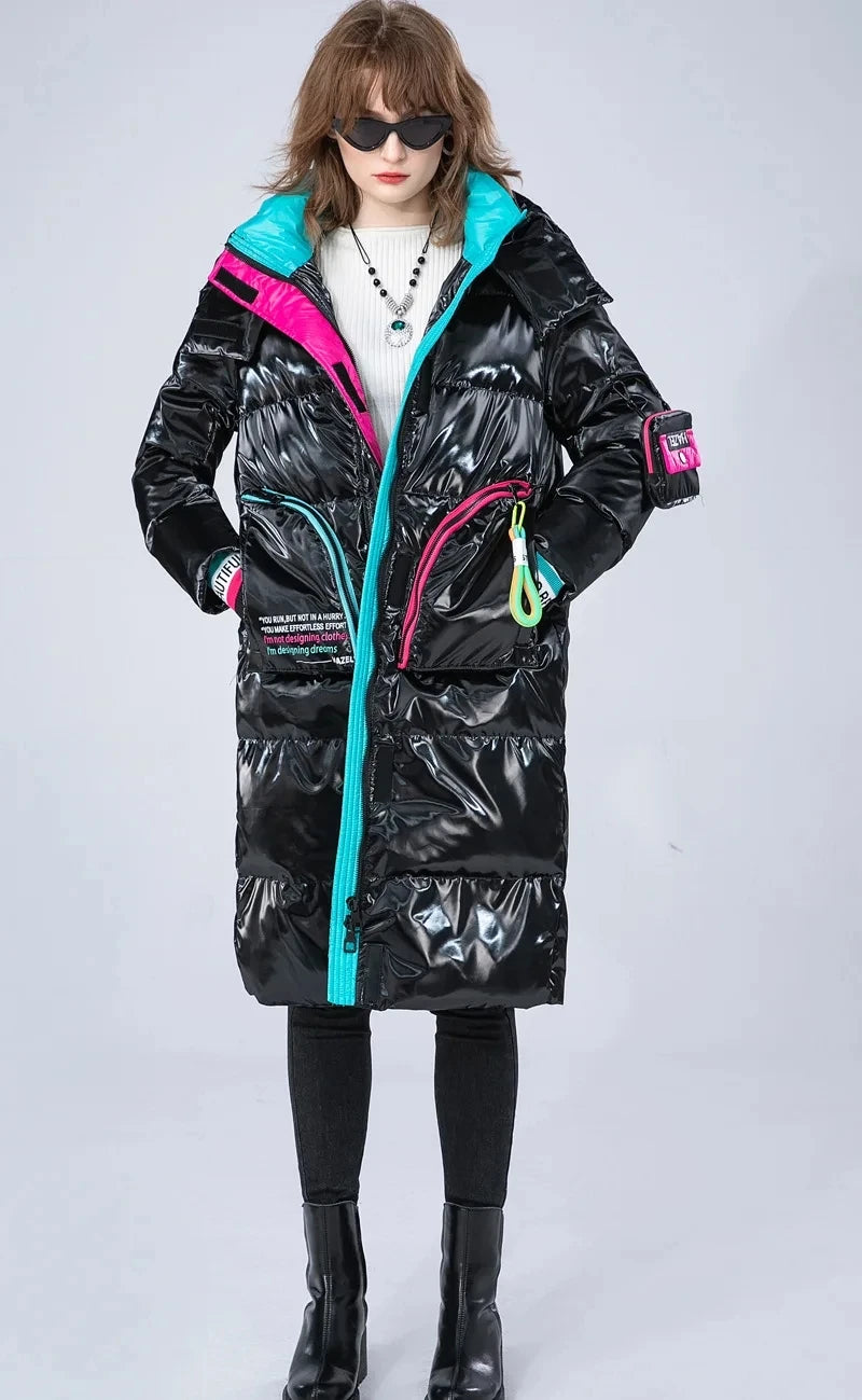 Winter Long Glossy Waterproof Hooded Down Jacket Female Warm Parka Down Outwears Women White Duck Down Knee Length Down Jacket