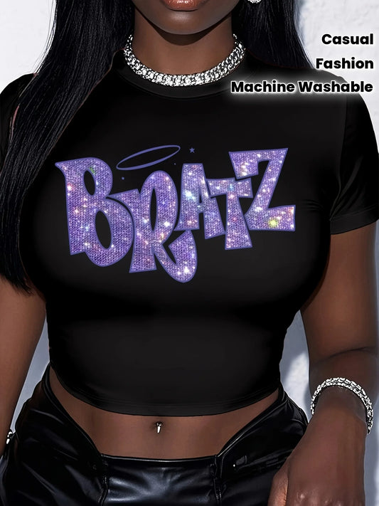 Women's Y2K Crop Top Black Tee Bratz Lettering Printed Women's T-shirt Fashion Hip Hop Streetwear Y2k Clothes Party Clothing Tee