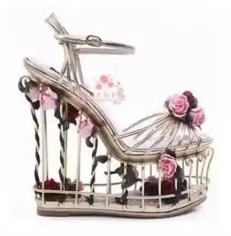 Woman Gold 3D Flower Embellished Cut-outs Bird Cage Wedges Sandals Female Thick Platform Strange Fretwork Heels Runway Shoes