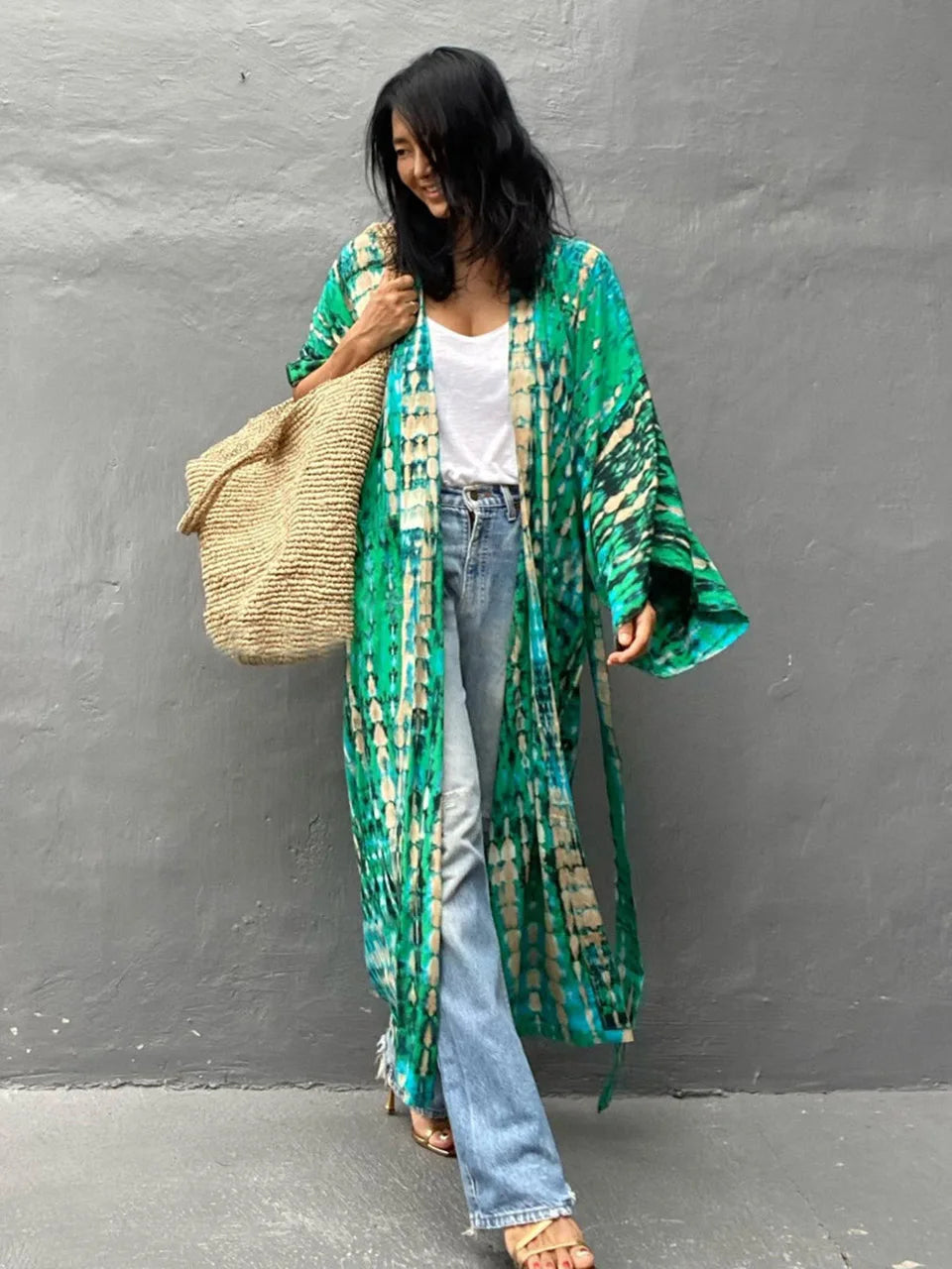 Beach Kimono for Women Swimsuit Cover-ups boho Fashion Tie-dye Tunic Cape Dress Summer Holiday Bikini Cover Up Pareo Robe