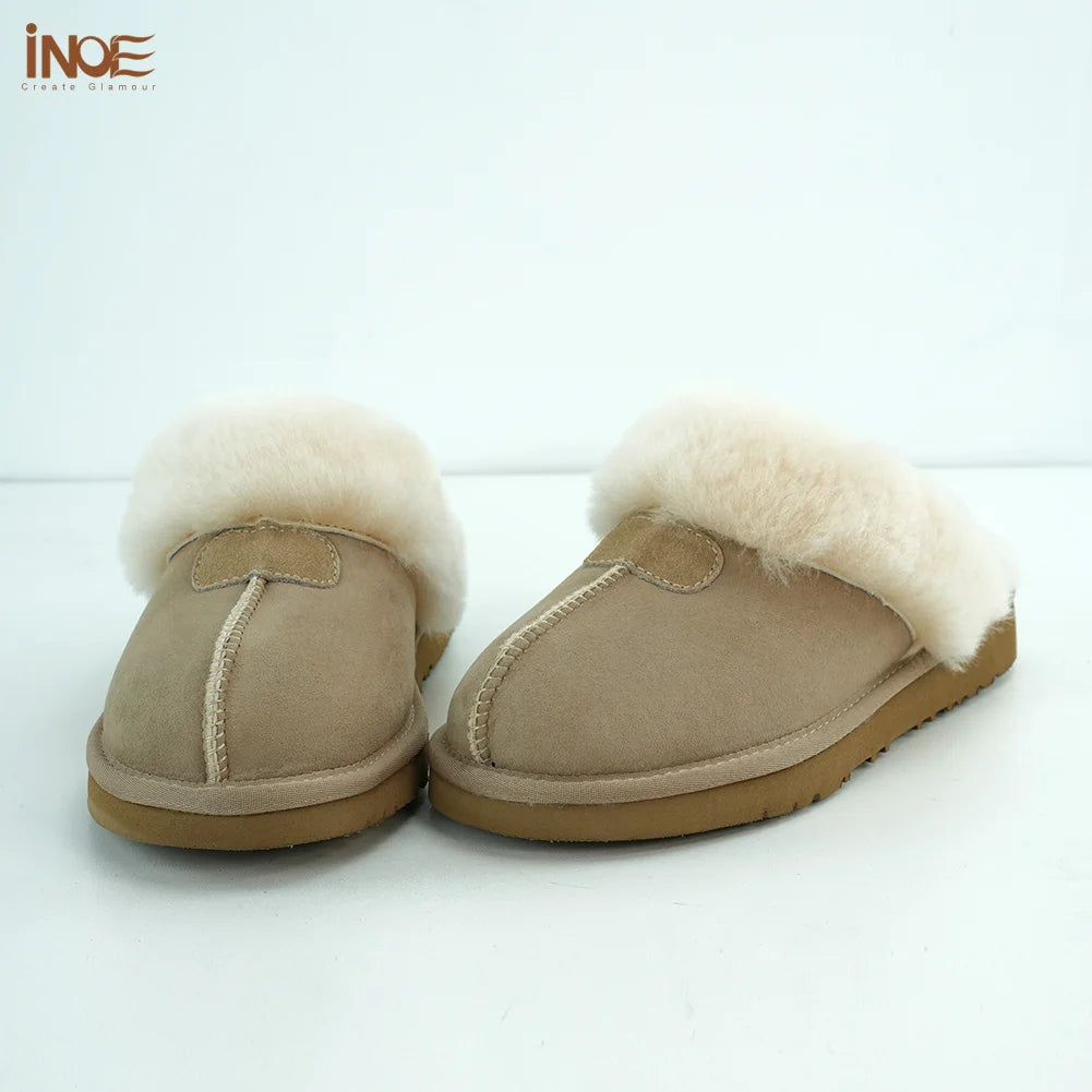 INOE Women Real Sheepskin Suede Leather Natural Wool Sheep Fur Lined Winter Slippers Cazy Loafer Home Shoes Baboon in House Flat