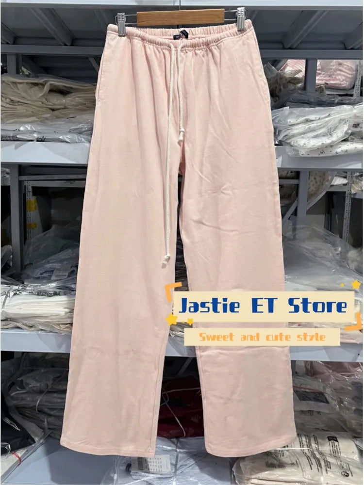 Red Drawstring Elastic Waist Oversized Retro Trouser Woman Casual Wide Leg Pant Loose Y2K Harajuku Sweatpants Cototn Blend