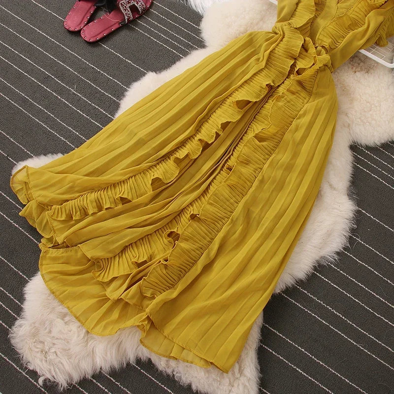 Sweet Ruffles Skinny Dresses Spring Casual Sleeveless V-neck Elastic High Waist Pleated Femme Vestidos Chic Solid Colours Dress