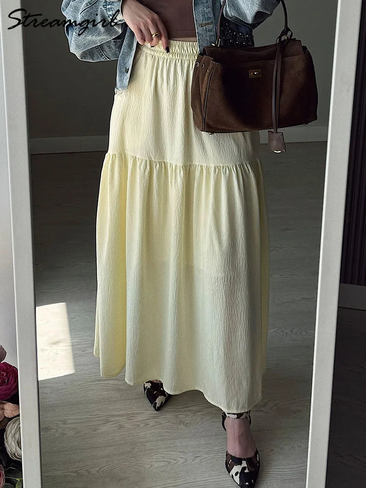 White Long Cake Skirt Women Summer Loose Yellow Skirts Ruffles Female High Waist Lazy Cake Midi Skirts With Pockets A Line Pink
