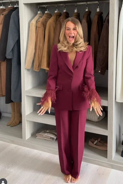 Lady Solid Lapel Blazer Suit Full Sleeve V-neck Single Breasted Straight Leg Pants Suits 2025 Fashion New Office Commute Outfit