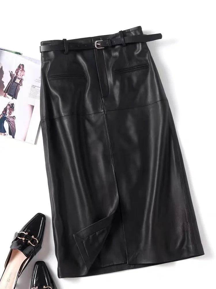Women Long Leather Skirt 2025 Winter Euro-American Calf Length 100% Sheepskin Slim Pencil Skirt With Belt Femme Front Split Saia