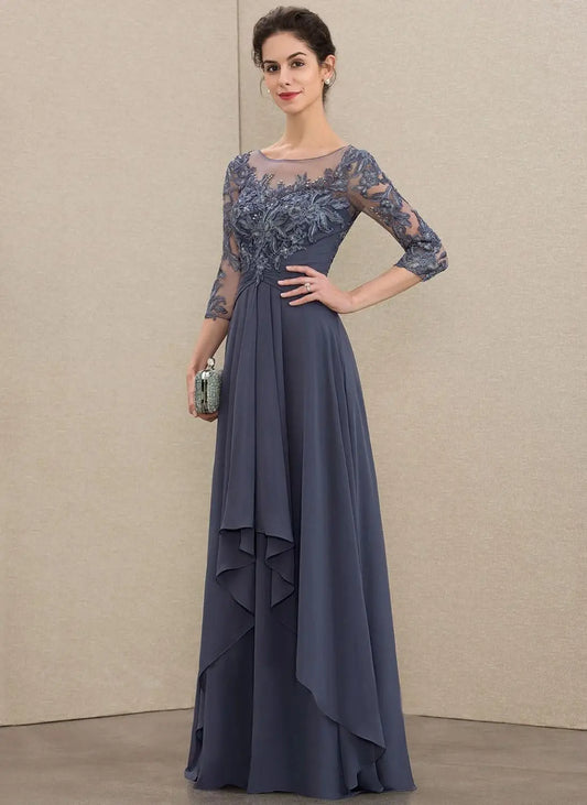Women's Elegant Lace Mother of The Bride Dresses Scoop Neck Chiffon Ruffles Formal Evening Gowns A-Line Wedding Guest Gowns