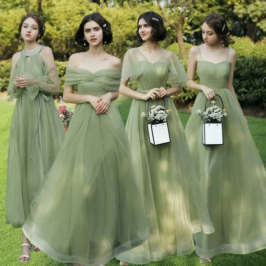 Elegant 4 Styles Green Tulle Bridesmaid Dress Floor Length Off Shoulder A-Line Gown Simple Solid Wedding Party Guest Vestido