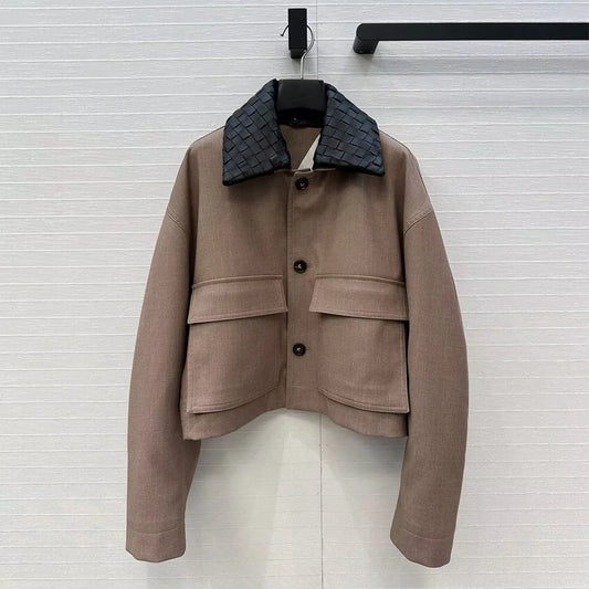 New Autumn Oversize Loose Casual Short Jacket Women Crochet Sheepskin Leather Lapel Spliced Long Sleeve Big Pocekts Vintage Coat