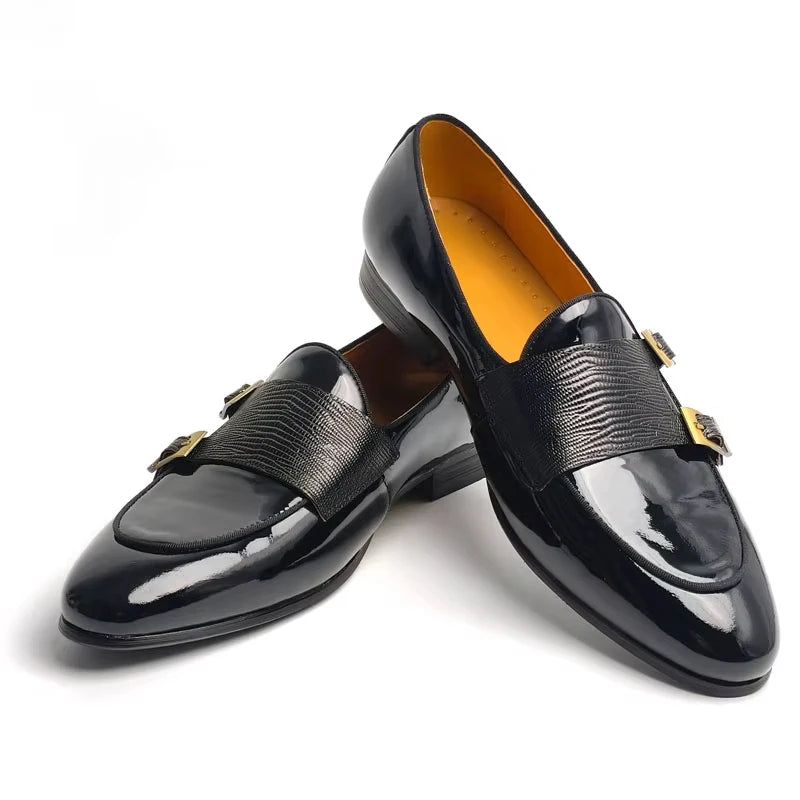 Men's Patent Leather Loafers Elegant Monk Buckle Slip-On Dress Shoes for Wedding,Party & Formal Events Casual Genuine Leather