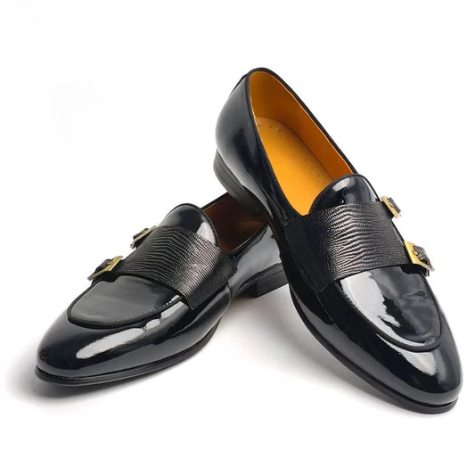 Men's Patent Leather Loafers Elegant Monk Buckle Slip-On Dress Shoes for Wedding,Party & Formal Events Casual Genuine Leather