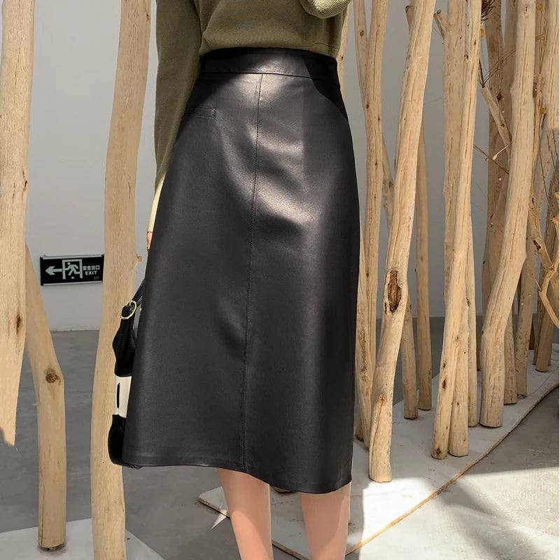 Spring New Genuine Leather Skirt For Women High Sense Vintage A-line 70 cm Jupe Longue Femme Simple Maxi Apricot Black Etekler